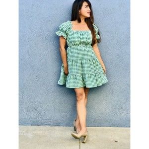 NWT Green Check Dress Cotton Boat Neck Fit Size ML